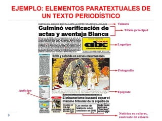 EJEMPLO: ELEMENTOS PARATEXTUALES DE
UN TEXTO PERIODÍSTICO

 