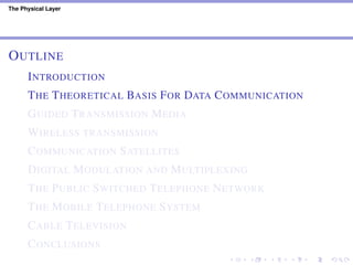 The Physical Layer
OUTLINE
INTRODUCTION
THE THEORETICAL BASIS FOR DATA COMMUNICATION
GUIDED TRANSMISSION MEDIA
WIRELESS TRANSMISSION
COMMUNICATION SATELLITES
DIGITAL MODULATION AND MULTIPLEXING
THE PUBLIC SWITCHED TELEPHONE NETWORK
THE MOBILE TELEPHONE SYSTEM
CABLE TELEVISION
CONCLUSIONS
 