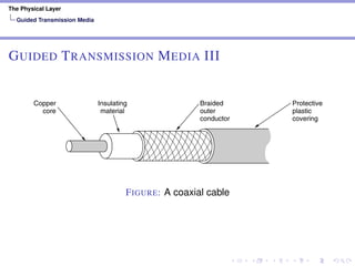 The Physical Layer
Guided Transmission Media
GUIDED TRANSMISSION MEDIA III
factors (e.g., early dipole antennas had an impedance of 300 ohms, and it was
easy to use existing 4:1 impedance-matching transformers). Starting in the mid-
1990s, cable TV operators began to provide Internet access over cable, which has
made 75-ohm cable more important for data communication.
A coaxial cable consists of a stiff copper wire as the core, surrounded by an
insulating material. The insulator is encased by a cylindrical conductor, often as a
closely woven braided mesh. The outer conductor is covered in a protective plas-
tic sheath. A cutaway view of a coaxial cable is shown in Fig. 2-4.
Copper
core
Insulating
material
Braided
outer
conductor
Protective
plastic
covering
Figure 2-4. A coaxial cable.
The construction and shielding of the coaxial cable give it a good combination
of high bandwidth and excellent noise immunity. The bandwidth possible de-
pends on the cable quality and length. Modern cables have a bandwidth of up to a
few GHz. Coaxial cables used to be widely used within the telephone system for
long-distance lines but have now largely been replaced by fiber optics on long-
FIGURE: A coaxial cable
 