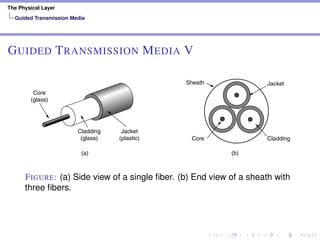 The Physical Layer
Guided Transmission Media
GUIDED TRANSMISSION MEDIA V
Fiber Cables
Fiber optic cables are similar to coax, except without the braid. Figure 2-8(a)
shows a single fiber viewed from the side. At the center is the glass core through
which the light propagates. In multimode fibers, the core is typically 50 microns
in diameter, about the thickness of a human hair. In single-mode fibers, the core
is 8 to 10 microns.
Jacket
(plastic) Core Cladding
Sheath Jacket
Cladding
(glass)
Core
(glass)
(a) (b)
Figure 2-8. (a) Side view of a single fiber. (b) End view of a sheath with three fibers.
The core is surrounded by a glass cladding with a lower index of refraction
than the core, to keep all the light in the core. Next comes a thin plastic jacket to
protect the cladding. Fibers are typically grouped in bundles, protected by an
outer sheath. Figure 2-8(b) shows a sheath with three fibers.
Terrestrial fiber sheaths are normally laid in the ground within a meter of the
surface, where they are occasionally subject to attacks by backhoes or gophers.
FIGURE: (a) Side view of a single ﬁber. (b) End view of a sheath with
three ﬁbers.
 