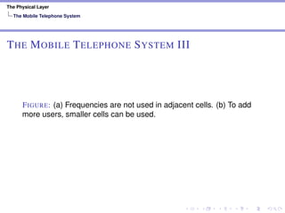 The Physical Layer
The Mobile Telephone System
THE MOBILE TELEPHONE SYSTEM III
FIGURE: (a) Frequencies are not used in adjacent cells. (b) To add
more users, smaller cells can be used.
 
