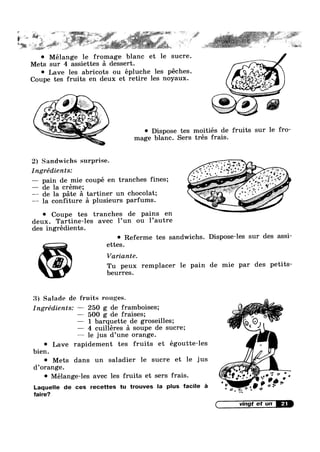 F ' " 3 “ i ;;1"'-E"‘_'<"1E, ,i__<_ 2,, 1 -' . _ —=*=~ s *4 i, _ v>#y ,,___ ,4, . ,
* L ‘i L 7
L
““ ~ 4 ~ e
.. .7
; E:>
L’ ‘ L‘ L
to
_
,
9 Melange le fromage blanc et le sucre.
Mets sur 4 assiettes 51 dessert. '_
' Lave les abricots ou épluche les péches. ' .1_7‘I
Coupe tes fruits en deux et retire les noyaux. e:7;,,2
{)"}’/’ gagga
_J~.,/
/"’
ai}
0 .0 i “". —. _ ~ “1*":g:<., *7
‘s ./ /*.~-~‘ - ' ‘ “'
1,5 - an ~..~'r I“ "
z "()9" _ __ .5
»’ /
ll
@%w,¢_ _@~"
2;‘ ‘U . . ., .
~*~._i i Dispose tes mo1t1es de fruits sur le fro-
mage blanc. Sers tres frais.
2) Sandwichs surprise.
Ingrédients: ‘V @é;2.;,€
— pain de mie coupé en tranches fines; .gV“ '6-f3;
— de la creme; . _L:" j'_‘ V
—— de la péte 51 tartiner un chocolat; 0;,’ ."*
-— la confiture 51 plusieurs parfums.
0 Coupe tes tranches de pains en
deux. Tartine-les avec l’un ou 1’autre
des ingrédients.
(bi
° Referme tes sandwichs. Dispose-les sur des assi-
ettes.
‘N Variante.
Tu peux remplacer le pain de mie par des petits-
‘ beurres.
3) Salade de fruits rouges.
,,¢"L"I»§¢
I/51¢ ,,--;;~¢‘ ___—_-
:-250 d framboises gI7lg'I'6dl€Ilt3_' g de ; /E.
g e ra1seS, * »§~f~;"-<5:
— 1 barquette de groseilles; 454;, /Q Q.-*’,u;.{, J
— 4 cuilleres 5 soupe de sucre; *~
— le jus d’une orange.
0 Lave rapidement tes fruits et égoutte-les
bien.
Qt £.‘
gt 16 4;)° Mets dans un saladier 1e sucre ]
d’orange. :'
0 Mélange-les avec les fruits et sers frais.
Laquelle de ces recettes tu trouves la plus facile 2': fa4 ."
faire?
21
 