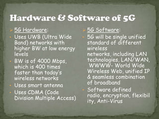  5G Hardware:

 5G Software:

Band) networks with
higher BW at low energy
levels
• BW is of 4000 Mbps,
which is 400 times
faster than today’s
wireless networks
• Uses smart antenna
• Uses CDMA (Code
Division Multiple Access)

standard of different
wireless
networks, including LAN
technologies, LAN/WAN,
WWWW- World Wide
Wireless Web, unified IP
& seamless combination
of broadband
• Software defined
radio, encryption, flexibil
ity, Anti-Virus

• Uses UWB (Ultra Wide

• 5G will be single unified

 