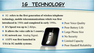 1G TECHNOLOGY
1G refers to the first generation of wireless telephone
technology, mobile telecommunications which was first
introduced in 1980s and completed in early 1990s.
It's Speed was up to 2.4kbps.
It allows the voice calls in 1 country.
1G network use Analog Signal.
AMPS was first launched in
USA in 1G mobile systems.
Poor Voice Quality
Poor Battery Life
Large Phone Size
No Security
Limited Capacity
Poor Handoff Reliability
 