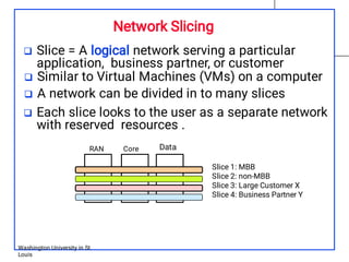 Network Slicing




Slice = A logical network serving a particular
application, business partner, or customer
Similar to Virtual Machines (VMs) on a computer
A network can be divided in to many slices
Each slice looks to the user as a separate network
with reserved resources .
RAN Core Data
Slice 1: MBB
Slice 2: non-MBB
Slice 3: Large Customer X
Slice 4: Business Partner Y
Washington University in St.
Louis
 
