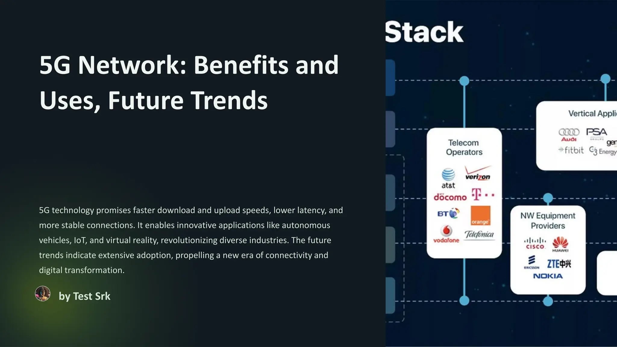 5G Network: Benefits and
Uses, Future Trends
5G technology promises faster download and upload speeds, lower latency, and
more stable connections. It enables innovative applications like autonomous
vehicles, IoT, and virtual reality, revolutionizing diverse industries. The future
trends indicate extensive adoption, propelling a new era of connectivity and
digital transformation.
by Test Srk
 