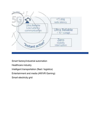Smart factory/industrial automation
Healthcare industry
Intelligent transportation (fleet / logistics)
Entertainment and media (AR/VR Gaming)
Smart electricity grid
 
