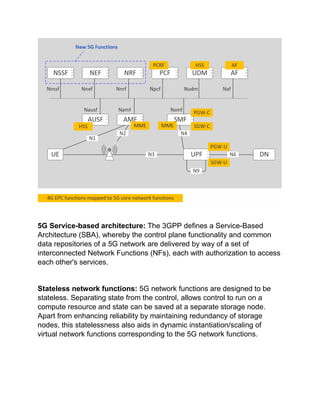 5G Service-based architecture: The 3GPP defines a Service-Based
Architecture (SBA), whereby the control plane functionality and common
data repositories of a 5G network are delivered by way of a set of
interconnected Network Functions (NFs), each with authorization to access
each other's services.
Stateless network functions: 5G network functions are designed to be
stateless. Separating state from the control, allows control to run on a
compute resource and state can be saved at a separate storage node.
Apart from enhancing reliability by maintaining redundancy of storage
nodes, this statelessness also aids in dynamic instantiation/scaling of
virtual network functions corresponding to the 5G network functions.
 