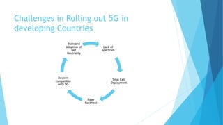 Challenges in Rolling out 5G in
developing Countries
Lack of
Spectrum
Smal Cell
Deployment
Fiber
Backhaul
Devices
compatible
with 5G
Standard
Adoption of
Net
Neutrality
 