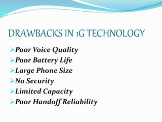 DRAWBACKS IN 1G TECHNOLOGY
Poor Voice Quality
Poor Battery Life
Large Phone Size
No Security
Limited Capacity
Poor Handoff Reliability
 