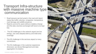 Commercial in confidence | 2015-06-15 | Page 12
Transport Infra-structure
with massive machine type
communication
• Road sensors can be buried in the road and report
status like traffic volumes, congestion, temperature,
road damage and wildlife presence.
• Need to survive for years without a battery change
and the data volumes exchanged will have to be kept
low.
• The 5G challenges in the network aspect are low
energy, use case adapted latency and wide-area
coverage
• The 5G challenge in the services aspect is many
connections
• The 5G challenges in the customer experience
dimension are device Management and data
aggregation & analytics
© Telefonaktiebolaget LM Ericsson 2015 | Ericsson June 2015
 