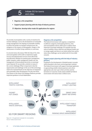 Figure 10 – 5G application examples for municipalities
Source: Federal Government
SMART GRID/
SMART METERING
INTELLIGENT
TRAFFIC CONTROL
INTELLIGENT PUBLIC
TRANSPORT
INTELLIGENT
WASTE DISPOSAL
INTELLIGENT
PARKING SPACE MANAGEMENT
GIGABIT
HOT ZONES
INTELLIGENT
STREET LIGHTING
5G FOR SMART REGIONS
22
5 Initiate 5G for towns
and cities
Organise a 5G competition
Support project planning with the help of industry partners
Objective: develop tailor‐made 5G applications for regions
5G provides municipalities with a variety of solutions for
societal challenges, such as the development of sustainable
energy management, the shaping of sustainable mobility
to relieve the burden on transport infrastructure, the
mitigation of the impacts of demographic change, or the
maintenance of similar living conditions in rural areas.
In concrete terms, this means: With the help of 5G, cities
and municipalities will be able to implement supply
services and administrative services more effectively
and efficiently. Whether for parking space management,
public transport, traffic management, health care, the
management of decentralized electricity or municipal
waste disposal, 5G can provide a solution to many of
the current challenges. What is important is that the
opportunities and challenges of the use of this technology
need to be evaluated based on the objectives of integrated
and sustainable urban development. For this, the Smart
City Charter of the Smart City Dialogue Platform provides
important guidance to local stakeholders.
Organise a 5G competition:
The Federal Government will organise a competition
in different categories. Participating districts, cities
and municipalities will be called upon to address three
important municipal challenges, for example from the
areas of mobility, refuse collection and disposal, health care
or energy supply, and show in an initial outline how and by
when these challenges can be tackled with 5G from 2020
onwards.
Support project planning with the help of industry
partners:
Funding for the development of detailed project concepts
will be awarded to the most convincing project outlines.
The Federal Government will support municipal applicants
in approaching suitable industry partners and, where
appropriate, also start-ups in their activities and the
formation of consortia. Funds made available by Federal
Government will total at least 2 million euros.
6. Five fields of action for Germany as 5G lead market
 