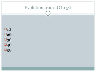Evolution from 1G to 5G
1G
2G
3G
4G
5G
 