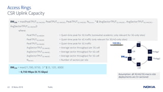 43 © Nokia 2019
Access Rings
CSR Uplink Capacity
BWCSR = max(PeakTPUT3G-MACRO, PeakTPUT4G-MACRO, PeakTPUT5G-MACRO, NSectors * ! (AvgSectorTPUT3G-MACRO , AvgSectorTPUT4G-MACRO ,
AvgSectorTPUT5G-MACRO))
where:
PeakTPUT3G-MACRO = Quiet-time peak for 3G traffic (somewhat academic; only relevant for 3G-only sites)
PeakTPUT4G-MACRO = Quiet-time peak for 4G traffic (only relevant for 3G/4G-only sites)
PeakTPUT5G-MACRO = Quiet-time peak for 5G traffic
AvgSectorTPUT3G-MACRO = Average sector throughput per 3G cell
AvgSectorTPUT4G-MACRO = Average sector throughput for 4G cell
AvgSectorTPUT5G-MACRO = Average sector throughput for 5G cell
NSectors = Number of sectors per site
Assumption: all 3G/4G/5G macro site
deployments are tri-sectored
Public
7250 IXR-e CSR
CSR
CSR
CSR
PreAgg1
PreAgg2
BWCSR
BWCSR = max(21,780, 9750, 3 * ! (5, 120 , 600))
= 9,750 Mbps (9.75 Gbps)
 