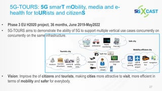 27
• Phase 3 EU H2020 project, 36 months, June 2019-May2022
• 5G-TOURS aims to demonstrate the ability of 5G to support multiple vertical use cases concurrently on
concurrently on the same infrastructure.
• Vision: Improve the of citizens and tourists, making cities more attractive to visit, more efficient in
terms of mobility and safer for everybody.
5G-TOURS: 5G smarT mObility, media and e-
health for toURists and citizenS
museum touristic
attractions
remote
visits
events &
media tourist /
citizen
Touristic city
Safe city
Mobility-efficient city
hospital ambulance First-aid
health
monitoring
Safe trip
enjoyable
trip
comfortable
trip
safe &
efficient
airport
smart
parking
smart
bus
navigation
 