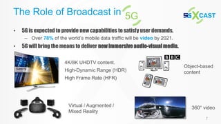 7
• 5G is expected to provide new capabilities to satisfy user demands.
– Over 78% of the world’s mobile data traffic will be video by 2021.
• 5G will bring the means to deliver new immersive audio-visualmedia.
The Role of Broadcast in 5G
4K/8K UHDTV content.
High-Dynamic Range (HDR)
High Frame Rate (HFR)
Object-based
content
Virtual / Augmented /
Mixed Reality
360° video
 