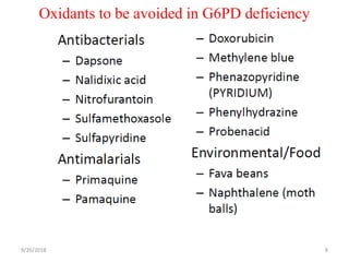 Oxidants to be avoided in G6PD deficiency
9/26/2018 8
 