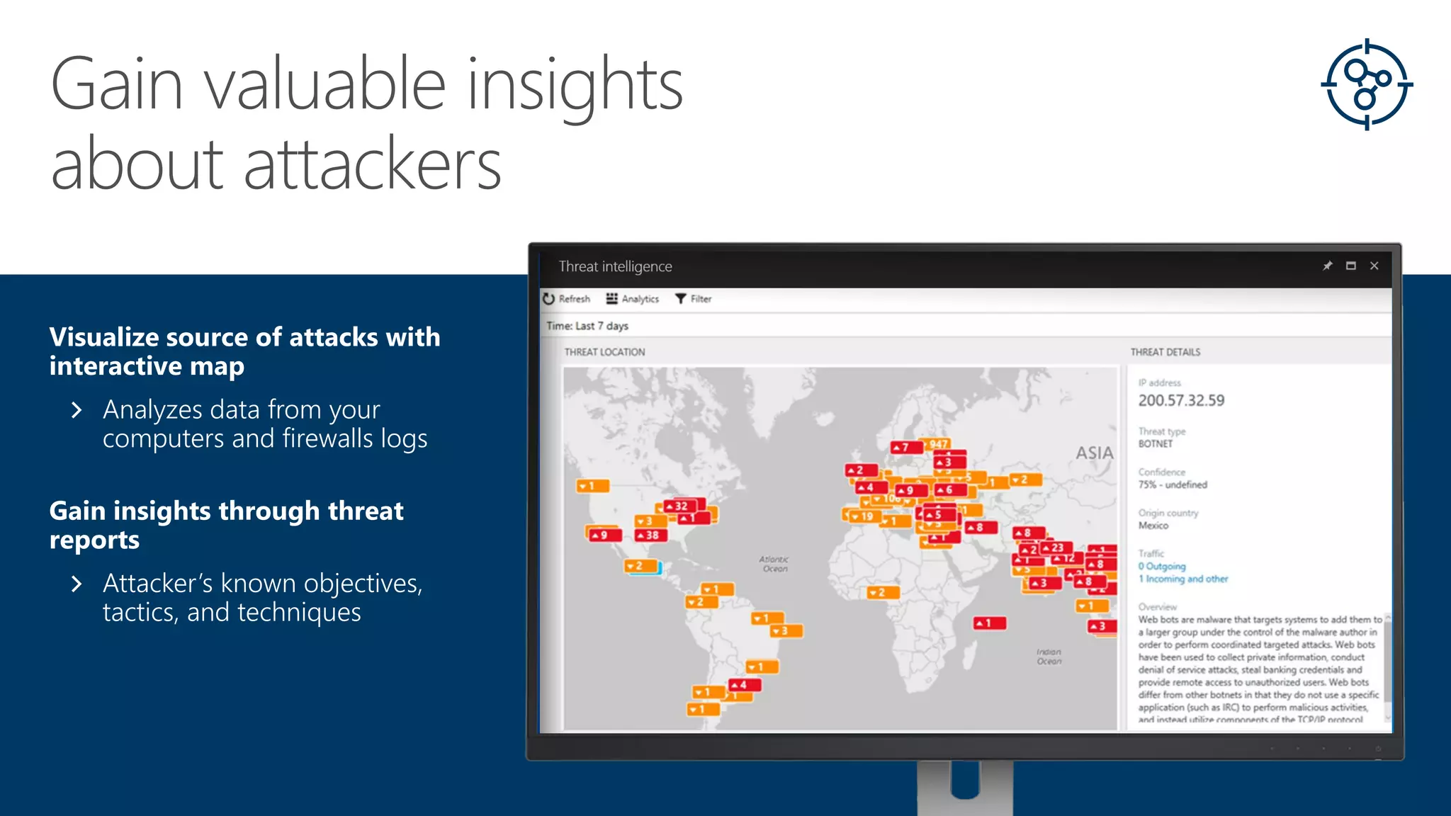 Visualize source of attacks with
interactive map
Analyzes data from your
computers and firewalls logs
Gain insights through threat
reports
Attacker’s known objectives,
tactics, and techniques
 