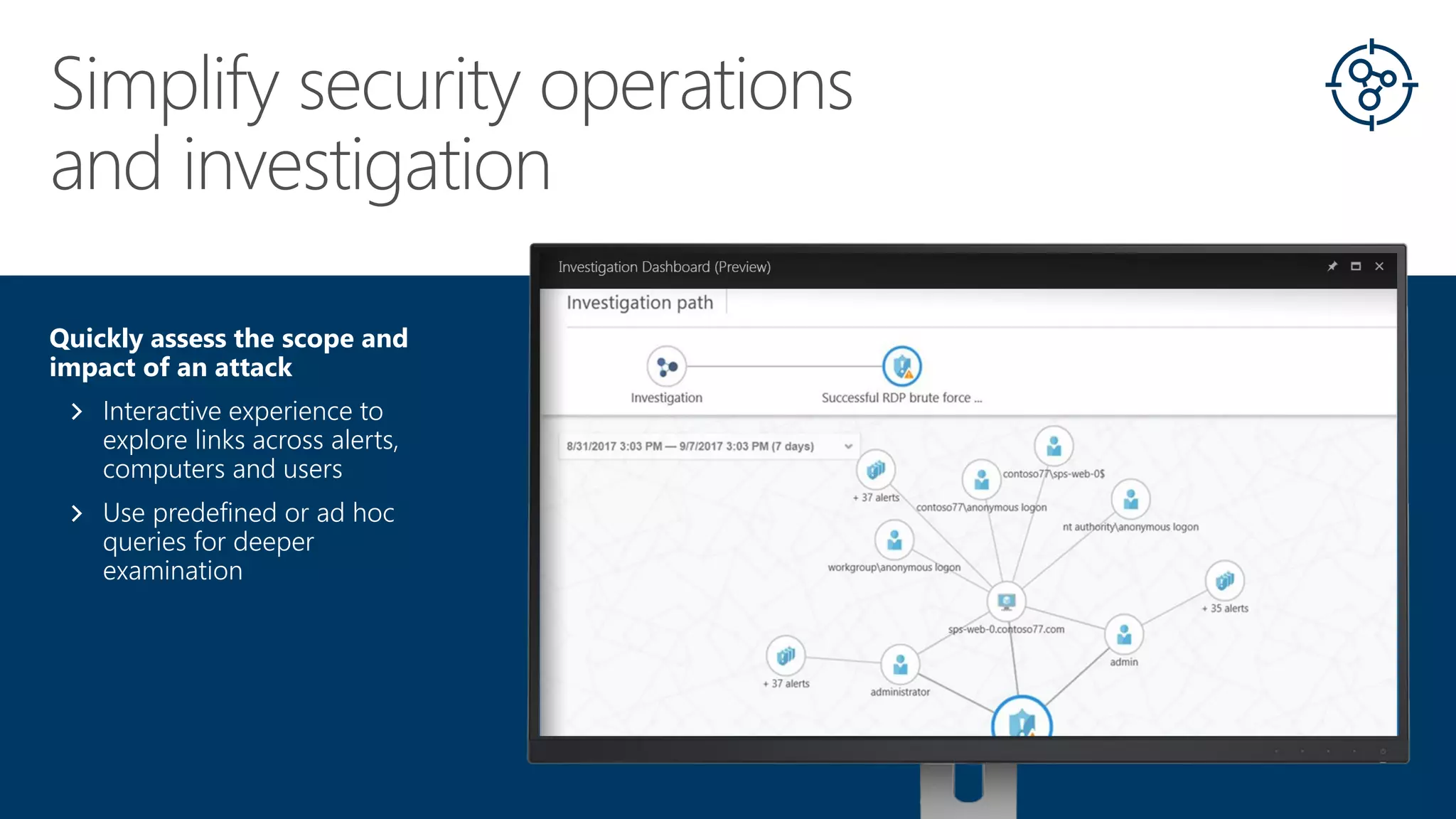Quickly assess the scope and
impact of an attack
Interactive experience to
explore links across alerts,
computers and users
Use predefined or ad hoc
queries for deeper
examination
 