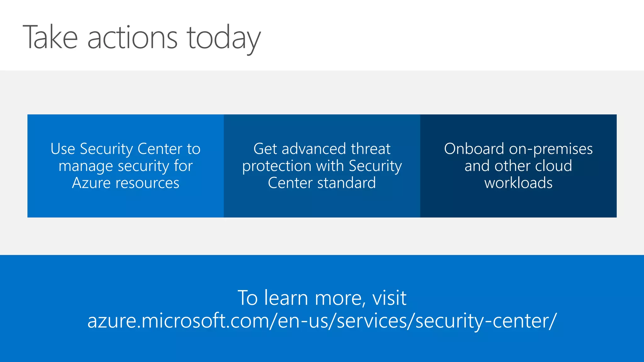 To learn more, visit
azure.microsoft.com/en-us/services/security-center/
Use Security Center to
manage security for
Azure resources
Get advanced threat
protection with Security
Center standard
Onboard on-premises
and other cloud
workloads
 