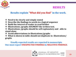 23
RESULTS
 Need to be clearly and simply stated
 Describe the findings in words in a logical sequence
 Build the interest of reader to read further
 Illustrations /graphs AUGMENT the written text.
 Illustrations /graphs should be self explanatory and able to
stand alone
 Avoid abbreviations in illustrations/graphs
 What is shown in table should not duplicate in illustrations/
graphs
Results explain "What did you find" in the work.
Usually expected results are reported in manuscripts
One must report UNEXPECTED FINDINGS & NEGATIVE FINDINGS.
 