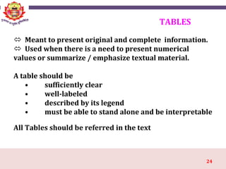 24
TABLES
 Meant to present original and complete information.
 Used when there is a need to present numerical
values or summarize / emphasize textual material.
A table should be
• sufficiently clear
• well-labeled
• described by its legend
• must be able to stand alone and be interpretable
All Tables should be referred in the text
 