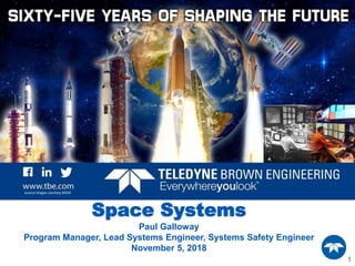 1
Space Systems
Paul Galloway
Program Manager, Lead Systems Engineer, Systems Safety Engineer
November 5, 2018
 