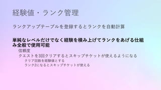 経験値・ランク管理
ランクアップテーブルを登録するとランクを自動計算
単純なレベルだけでなく経験を積み上げてランクをあげる仕組
み全般で使用可能
信頼度
クエストを3回クリアするとスキップチケットが使えるようになる
クリア回数を経験値とする
ランク2になるとスキップチケットが使える
 