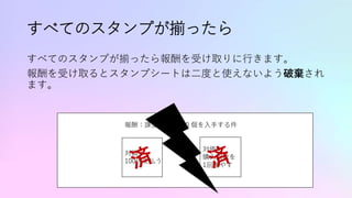 すべてのスタンプが揃ったら
すべてのスタンプが揃ったら報酬を受け取りに行きます。
報酬を受け取るとスタンプシートは二度と使えないよう破棄され
ます。
報酬：課金通貨 1,000 個を入手する件
対価：
100円支払う
対価：
購入回数を
1回増やす
 