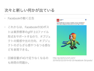 • Facebook
• Facebook 3D
glTF 2.0
• 4G http://jp.techcrunch.com/
2018/02/22/2018-02-20-facebook-3d-posts/
 