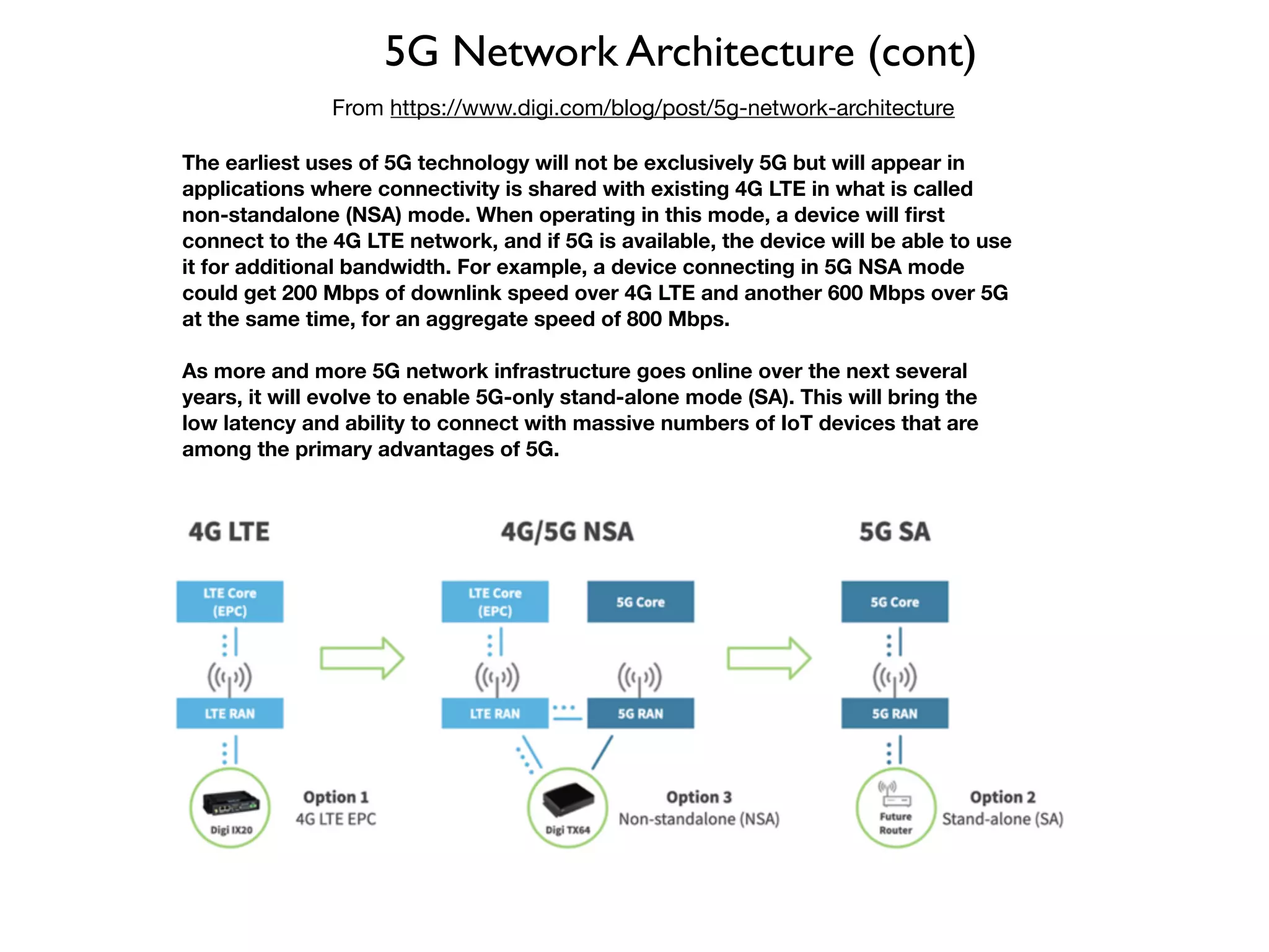 5G Network Architecture (cont)
From https://www.digi.com/blog/post/5g-network-architecture
The earliest uses of 5G technology will not be exclusively 5G but will appear in
applications where connectivity is shared with existing 4G LTE in what is called
non-standalone (NSA) mode. When operating in this mode, a device will first
connect to the 4G LTE network, and if 5G is available, the device will be able to use
it for additional bandwidth. For example, a device connecting in 5G NSA mode
could get 200 Mbps of downlink speed over 4G LTE and another 600 Mbps over 5G
at the same time, for an aggregate speed of 800 Mbps. 
 
As more and more 5G network infrastructure goes online over the next several
years, it will evolve to enable 5G-only stand-alone mode (SA). This will bring the
low latency and ability to connect with massive numbers of IoT devices that are
among the primary advantages of 5G.
 
