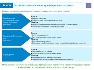 10	
  Возможные	
  направления	
  трансформации	
  телекома	
  
Оптимальным способом трансформации традиционных операторов в операторов будущего станет
комбинация из всех возможных методов развития новых услуг
Приобретение	
  
поставщиков	
  услуг	
  
(неорганическое	
  
развитие)	
  
Плюсы	
  
• Быстрое	
  развитие	
  
• Приобретение	
  уникальной	
  экспертизы	
  
Минусы	
  
• Неочевидность	
  будущего	
  у	
  приобретенной	
  услуги	
  /	
  ресурса	
  
• Проблемы	
  с	
  окупаемостью	
  приобретения	
  
Развитие	
  собственных	
  
услуг	
  
(органика)	
  
Партнерства	
  
Создание оператора нового типа может опираться на различные тактические решения:
Плюсы	
  
• Устойчивое	
  развитие	
  
• Разумные	
  и	
  постепенные	
  инвестиции	
  
Минусы	
  
• Долгий	
  выход	
  на	
  рынок	
  
• Возможны	
  ошибочные	
  инвестиции	
  при	
  выборе	
  платформ	
  и	
  решений	
  
Плюсы	
  
• Быстрый	
  выход	
  на	
  рынки	
  
• Разумные	
  и	
  постепенные	
  инвестиции	
  
Минусы	
  
• Возможная	
  потеря	
  абонентской	
  базы	
  
• Невозможность	
  контроля	
  всей	
  выручки	
  от	
  абонента	
  
 