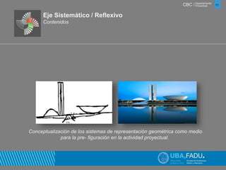CBC / 11 Departamento 
Proyectual 
Eje Sistemático / Reflexivo 
Contenidos 
Conceptualización de los sistemas de representación geométrica como medio 
para la pre- figuración en la actividad proyectual. 
 