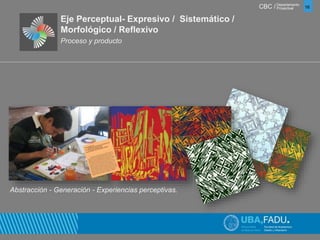 CBC / 16 Departamento 
Proyectual 
Eje Perceptual- Expresivo / Sistemático / 
Morfológico / Reflexivo 
Proceso y producto 
Abstracción - Generación - Experiencias perceptivas. 
 