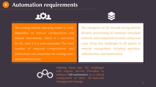 The existing network operating model is overly
dependent on manual conﬁgurations and
manual interventions, which is a non-starter
for 5G, even if it is semi-automated. The sheer
number of required computations and
connections will overwhelm the existing semi-
automated processes.
11	
Automation requirements8
Meeting these new 5G challenges
will require Service Providers to
embrace full-automation as a critical
component of their 5G-network
management strategy.
The emergence of 5G network slicing and the
dynamic provisioning of numerous virtualised
networks and components to meet various use
cases, bring new challenges to all aspects of
network management, including operation,
administration, and maintenance.
 