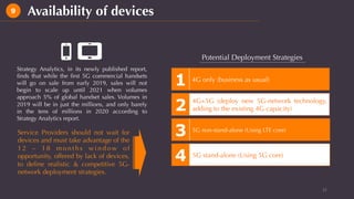 Potential Deployment Strategies
Strategy Analytics, in its newly published report,
ﬁnds that while the ﬁrst 5G commercial handsets
will go on sale from early 2019, sales will not
begin to scale up until 2021 when volumes
approach 5% of global handset sales. Volumes in
2019 will be in just the millions, and only barely
in the tens of millions in 2020 according to
Strategy Analytics report.
12	
Availability of devices9
Service Providers should not wait for
devices and must take advantage of the
1 2 – 1 8 m o n t h s w i n d ow o f
opportunity, offered by lack of devices,
to deﬁne realistic & competitive 5G-
network deployment strategies.
4 5G stand-alone (Using 5G core)
3 5G non-stand-alone (Using LTE core)
2 4G+5G (deploy new 5G-network technology,
adding to the existing 4G capacity)
1 4G only (business as usual)
 