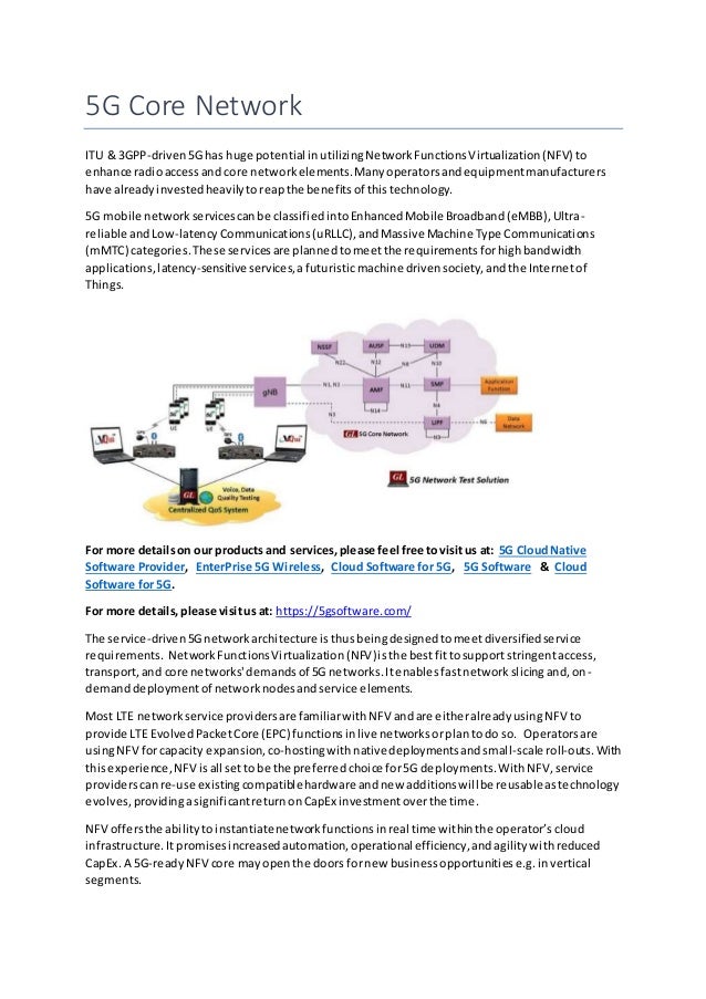 5G Core Network
ITU & 3GPP-driven5Ghas huge potential inutilizingNetworkFunctionsVirtualization(NFV) to
enhance radioaccessand core networkelements.Manyoperatorsandequipmentmanufacturers
have alreadyinvestedheavilytoreapthe benefitsof thistechnology.
5G mobile networkservicescanbe classifiedintoEnhancedMobile Broadband(eMBB),Ultra-
reliable andLow-latencyCommunications(uRLLC),andMassive Machine Type Communications
(mMTC) categories.These servicesare plannedtomeetthe requirementsforhighbandwidth
applications,latency-sensitive services,afuturisticmachine driven society,andthe Internetof
Things.
For more detailson our products and services,please feel free tovisitus at: 5G CloudNative
Software Provider, EnterPrise 5G Wireless, Cloud Software for 5G, 5G Software & Cloud
Software for 5G.
For more details,please visitus at: https://5gsoftware.com/
The service-driven5Gnetworkarchitecture isthusbeingdesignedtomeetdiversifiedservice
requirements. NetworkFunctionsVirtualization(NFV)isthe bestfittosupportstringentaccess,
transport,and core networks'demandsof 5G networks.Itenablesfastnetworkslicingand,on-
demanddeploymentof networknodesandservice elements.
Most LTE networkservice providersare familiarwithNFV andare eitheralreadyusingNFV to
provide LTE EvolvedPacketCore (EPC) functionsinlive networksorplantodo so. Operatorsare
usingNFV forcapacity expansion,co-hostingwithnativedeploymentsandsmall-scale roll-outs.With
thisexperience,NFV isall settobe the preferredchoice for5G deployments.WithNFV,service
providerscanre-use existingcompatiblehardware andnew additionswillbe reusableastechnology
evolves,providingasignificantreturnonCapEx investmentoverthe time.
NFV offersthe abilitytoinstantiatenetworkfunctionsinreal time withinthe operator’scloud
infrastructure.Itpromisesincreasedautomation,operational efficiency,andagilitywithreduced
CapEx.A 5G-readyNFV core mayopenthe doors fornew businessopportunitiese.g.invertical
segments.
 