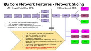 5G Core Network Features - Network Slicing
UE RAN MME SGW
PGW
(APN1)
PGW
(APN2)
PGW
(APN3)
● 1 UE - connect to one Dedicated Core Network (DCN)
● 1 DCN can support multiple applications (APN)
● Same application support in multiple DCNs require repeated
configurations for same APN but different DCN in DNS
UE RAN AMF
SMF1
SMF2
SMF3
UPF1 DN-1
UPF2 DN-2
UPF3 DN-3
● 1 UE - can connect to multiple core network slices
● Each slice identified by an S-NSSAI
● AMF is common to all slices UE uses
● SMFs specific to each slice
● SMFs selected via NRF specific to the slice (S-NSSAI)
● NRFs + SMFs can be in different administrative domain from AMF
● SMFs select UPF
● Traffic routing of each slice is independent and isolated
● RAN supports slicing at the radio
● Network Slice Selection Policies provided to UE to
select a slice for a given application
LTE - Evolved Packet Core (EPC) 5G Core Network (5GC)
 