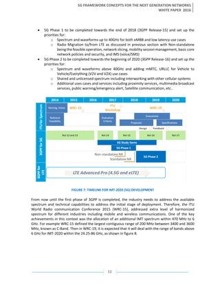 5G FRAMEWORK CONCEPTS FOR THE NEXT GENERATION NETWORKS
WHITE PAPER 2016
11
• 5G Phase 1 to be completed towards the end of 2018 (3GPP Release-15) and set up the
priorities for:
o Spectrum and waveforms up to 40GHz for both eMBB and low latency use cases
o Radio Migration to/from LTE as discussed in previous section with Non-standalone
being the feasible operation, network slicing, mobility session management, basic core
network policies and security, and IMS (voice/SMS)
• 5G Phase 2 to be completed towards the beginning of 2020 (3GPP Release-16) and set up the
priorities for:
o Spectrum and waveforms above 40GHz and adding mMTC, URLLC for Vehicle to
Vehicle/Everything (V2V and V2X) use cases
o Shared and unlicensed spectrum including interworking with other cellular systems
o Additional uses cases and services including proximity services, multimedia broadcast
services, public warning/emergency alert, Satellite communication, etc..
FIGURE 7: TIMELINE FOR IMT-2020 (5G) DEVELOPMENT
From now until the first phase of 3GPP is completed, the industry needs to address the available
spectrum and technical capabilities to address the initial stage of deployment. Therefore, the ITU
World Radio communication Conference 2015 (WRC-15), addressed extra level of harmonized
spectrum for different industries including mobile and wireless communications. One of the key
achievements in this context was the allocation of an additional IMT spectrum within 470 MHz to 6
GHz. For example WRC-15 defined the largest contiguous range of 200 MHz between 3400 and 3600
MHz, known as C-Band. Then in WRC-19, it is expected that it will deal with the range of bands above
6 GHz for IMT-2020 within the 24.25-86 GHz, as shown in figure 8.
 