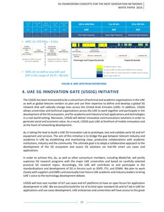 5G FRAMEWORK CONCEPTS FOR THE NEXT GENERATION NETWORKS
WHITE PAPER 2016
12
FIGURE 8: WRC SPECTRUM DEFINITIONS
4. UAE 5G INNOVATION GATE (U5GIG) INITIATIVE
The U5GIG has been envisioned to be a consortium of technical and academic organizations in the UAE
as well as global telecom vendors to plan and use their expertise to define and develop a global 5G
network that will radically change lives across the United Arab Emirates (UAE). In addition, U5GIG
allows universities and technical organizations across the UAE to work together and participate in the
development of the 5G ecosystem, and for academia and industry to test applications and technologies
in a real-world setting. Moreover, U5GIG will deliver innovative communications solutions in order to
generate social and economic value. As a result, U5GIG puts UAE at forefront of mobile innovation and
at the heart of networking development.
du is taking the lead to build a UAE 5G Innovation Lab to prototype, test and validate early 5G and IoT
equipment and services. The aim of this initiative is to bridge the gap between telecom industry and
academia in UAE by establishing and maintaining close, productive collaborations with academic
institutions, industry and the community. The ultimate goal is to adopt a collaborative approach to the
development of the 5G ecosystem and assess 5G solutions via real-life smart use cases and
applications.
In order to achieve this, du, as well as other consortium members, including MediaTek, will jointly
supervise 5G research programs with the major UAE universities and based on carefully selected
practical 5G research topics. Accordingly, the UAE will contribute to and participate in the
standardizations and development of 5G in forums such as 3GPP, ITU, and GSMA. We plan to work
closely with suppliers and SMEs and eventually train future UAE academic and industry leaders to bring
UAE’s voice to the technology development debate.
U5GIG will host vast number of IoT use cases and IoT platforms to have an open forum for application
development in UAE. We are proud to build the 1st of its kind open standard 5G and IoT lab in UAE for
applications and use cases development. UAE enterprises and universities will have access to this great
 
