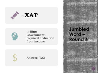 Jumbled
Word –
Round 6
🧩 XAT
💡 Hint:
Government-
required deduction
from income
Answer: TAX
 
