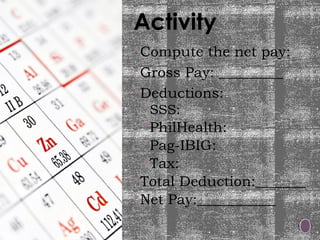 Activity
Compute the net pay:
Gross Pay: _________
Deductions:
SSS:
PhilHealth:
Pag-IBIG:
Tax:
Total Deduction:_______
Net Pay:___________
 