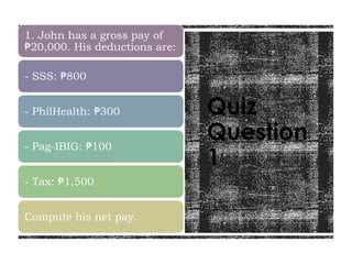 Quiz
Question
1
1. John has a gross pay of
20,000. His deductions are:
₱
- SSS: 800
₱
- PhilHealth: 300
₱
- Pag-IBIG: 100
₱
- Tax: 1,500
₱
Compute his net pay.
 