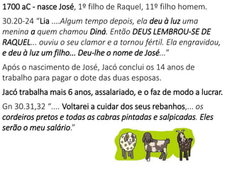 1700 aC - nasce José, 1º filho de Raquel, 11º filho homem.
30.20-24 “Lia ....Algum tempo depois, ela deu à luz uma
menina a quem chamou Diná. Então DEUS LEMBROU-SE DE
RAQUEL... ouviu o seu clamor e a tornou fértil. Ela engravidou,
e deu à luz um filho... Deu-lhe o nome de José...”
Após o nascimento de José, Jacó conclui os 14 anos de
trabalho para pagar o dote das duas esposas.
Jacó trabalha mais 6 anos, assalariado, e o faz de modo a lucrar.
Gn 30.31,32 “.... Voltarei a cuidar dos seus rebanhos,... os
cordeiros pretos e todas as cabras pintadas e salpicadas. Eles
serão o meu salário.”
 