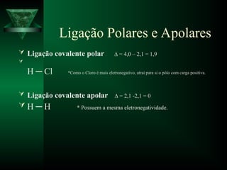Ligação Polares e Apolares
 Ligação covalente polar ∆ = 4,0 – 2,1 = 1,9

H ─ Cl *Como o Cloro é mais eletronegativo, atrai para si o pólo com carga positiva.
 Ligação covalente apolar ∆ = 2,1 -2,1 = 0
 H ─ H * Possuem a mesma eletronegatividade.
 