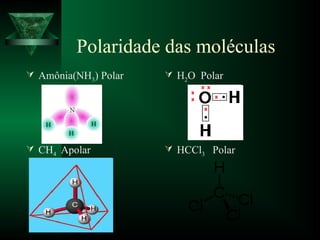 Polaridade das moléculas
 Amônia(NH3) Polar  H2O Polar
 CH4 Apolar  HCCl3 Polar
 