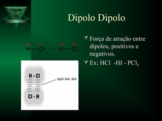Dipolo Dipolo
 Força de atração entre
dipolos, positivos e
negativos.
 Ex: HCl -HI - PCl3
 
