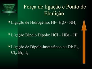 Força de ligação e Ponto de
Ebulição
Ligação de Hidrogênio: HF- H2O - NH3
Ligação Dipolo Dipolo: HCl – HBr – HI
Ligação de Dipolo-instantâneo ou DI: F2,
Cl2, Br2, I2
 