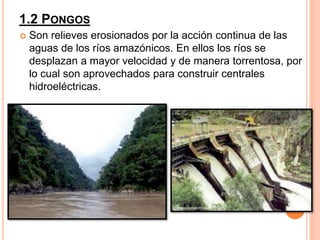1.2 PONGOS
 Son relieves erosionados por la acción continua de las
aguas de los ríos amazónicos. En ellos los ríos se
desplazan a mayor velocidad y de manera torrentosa, por
lo cual son aprovechados para construir centrales
hidroeléctricas.
 