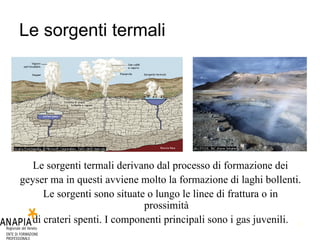 Le sorgenti termali Le sorgenti termali derivano dal processo di formazione dei geyser ma in questi avviene molto la formazione di laghi bollenti.  Le sorgenti sono situate o lungo le linee di frattura o in prossimità di crateri spenti. I componenti principali sono i gas juvenili. 